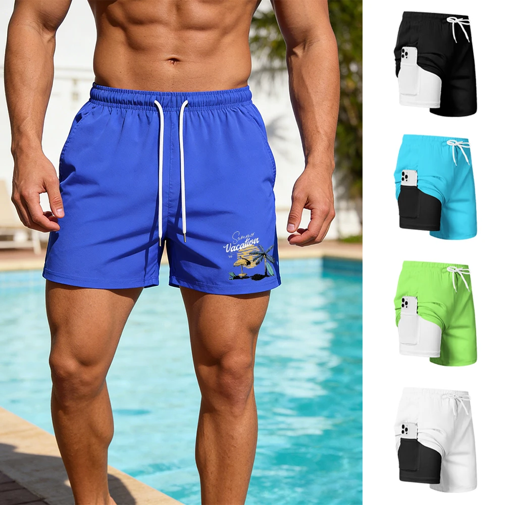 

Men's Double Layer Sports Shorts Elastic Breathable Drawstring Coconut Tree And Beach Print Beach Shorts Swim Trunks Swimwear
