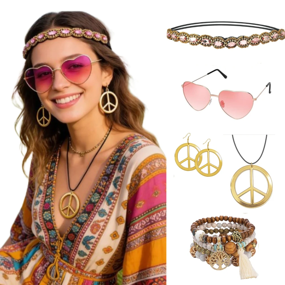 

Набор из 5 предметов: Аксессуары для женского костюма в стиле хиппи 60-х и 70-х годов. Подарки: повязка на голову, ожерелье с символом мира, серьги, браслет, солнцезащитные очки.
