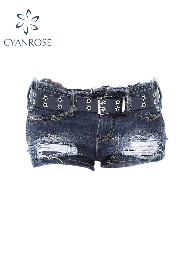 

Women Blue Ripped Denim Shorts 2000s Vintage Low Waist Cowboy Shorts 90s Aesthetic Y2k Short Jeans Pants Harajuku Clothes Summer