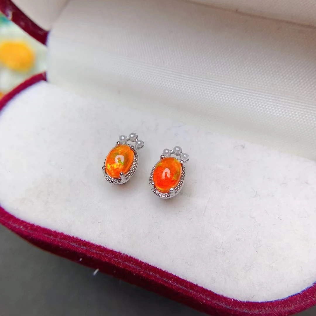 925 Sterling Silver Natural Opal Earrings Sparkle Fire Color Yellow Opal Carry Certificate Support Detection