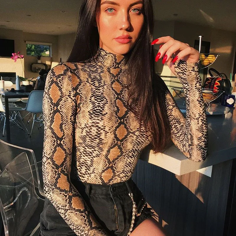 Sexy InstaHot Snakeskin Bodysuits Women Snake Skin High Turtleneck Long Sleeve Python Fashion Spring Rompers Playsuit Lady