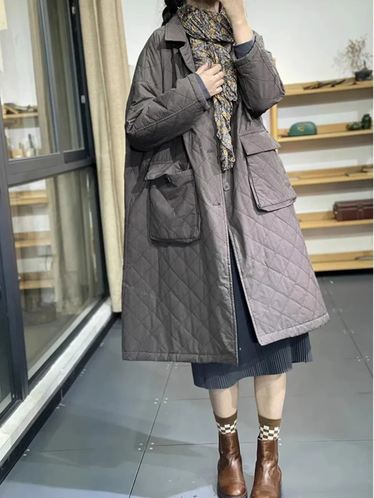 

Стеганый хлопковый тюнет, женский длинный жилет большого размера с ромбовидным узором, удобное зимнее пальто больших размеров с воротником для поездок на работу