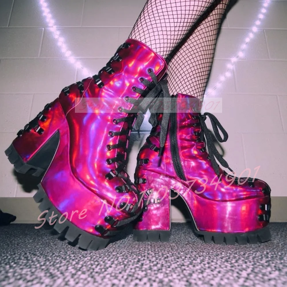 Rose-Red Metallic Laser Platform Boots Women Lace-Up Strappy Block Heels Hologram Corset Boots Halloween Gothic Boots
