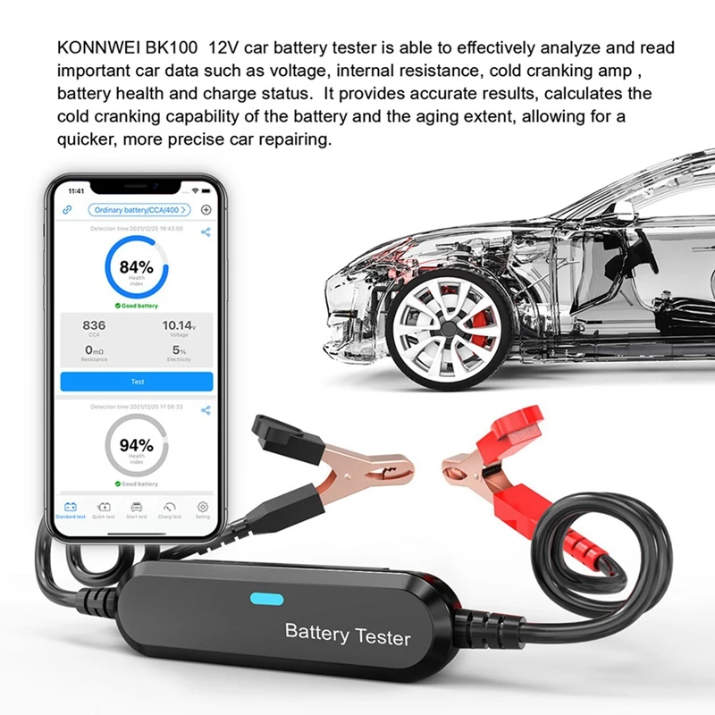 BK100 Bluetooth Car Motorcycle Battery Tester 6V 12V Battery Analyzer 100 To 2000 12V Charging Cranking Test Tool Black