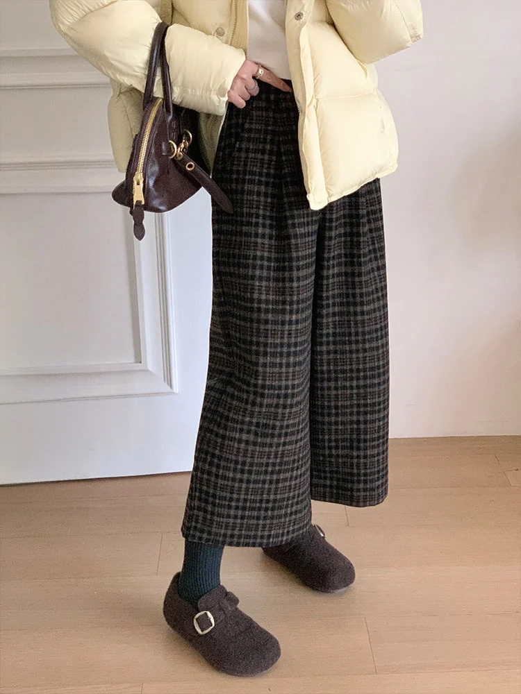 

Современные британские ретро-брюки в клетку с высокой талией, широкими штанинами, из смесовой шерсти (50% шерсть, 50% полиэстер), женские повседневные брюки с функцией сохранения тепла