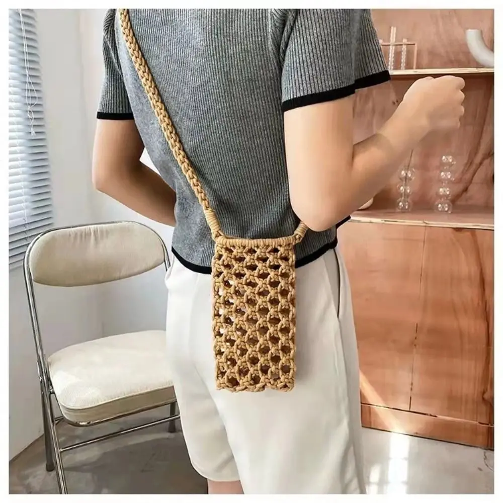 Women Fashion Small Crossbody Phone Bag Solid Color Hollow-out Woven Crochet Lightweight Braided Shoulder Handbag