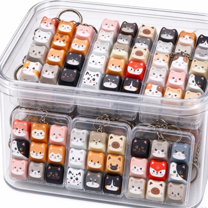 4/9Keys Cat Fidget Clicker Button Keycap Keychain Decompression Creative Backpack Pendant Kawaii Cat Mechanical Keyboard Keyring