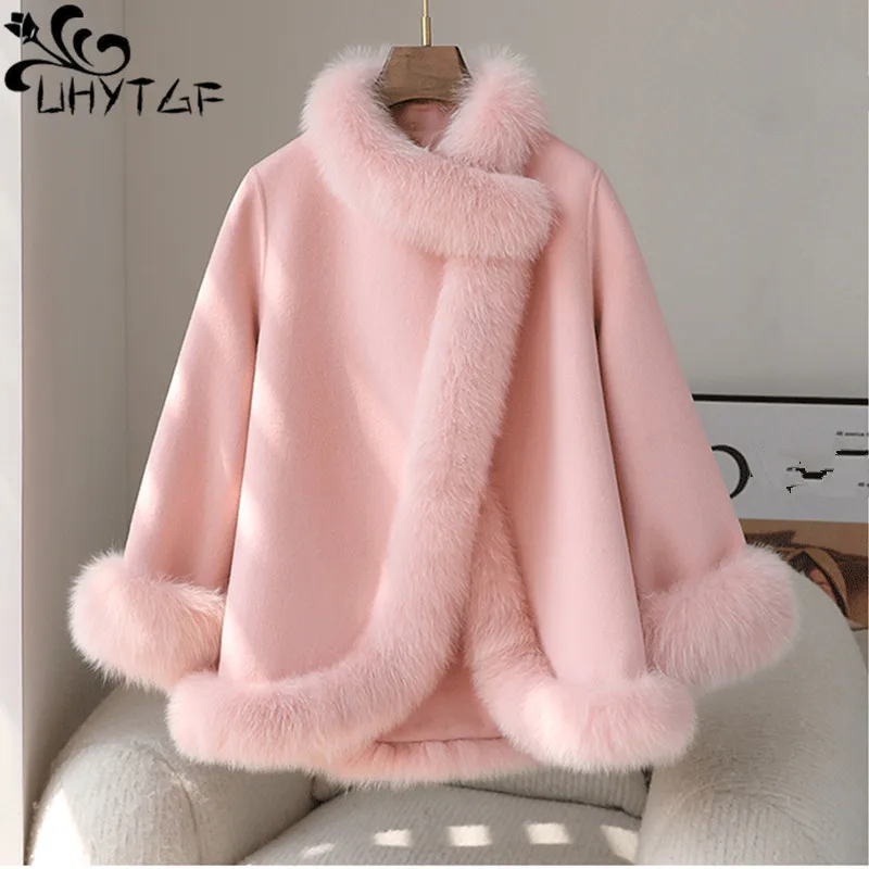 

UHYTGF Korean Fashion Plush Cloak Woolen Coat Women 2023 Long-Sleeved Stitching Winter Jacket Female Elegant Ladies Clothes 228