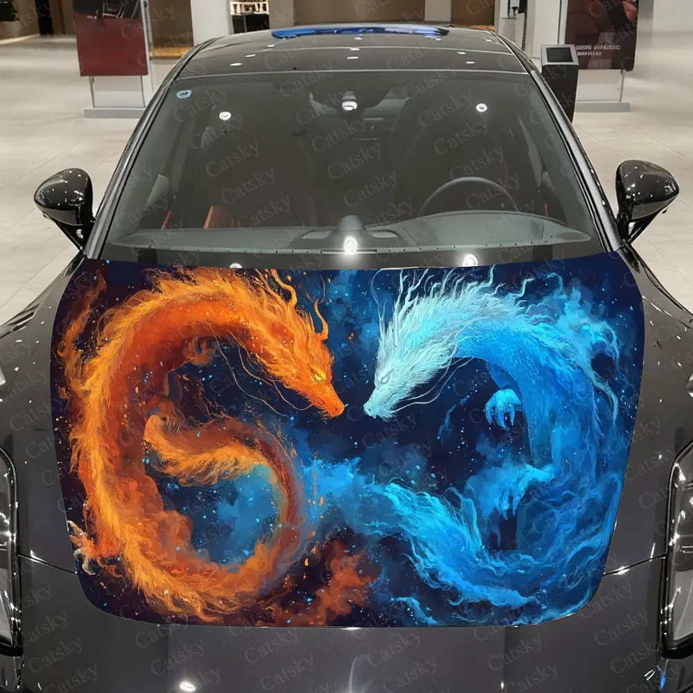 

Twin Dragons Totem Car Vinyl Wrap, PVC Material Waterproof Car Hood Sticker, Self-Adhesive Scratch-Resistant Stickers for Engine