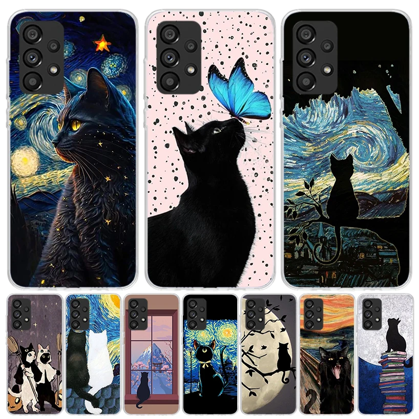 Image of Schwarze Katze Cartoon süße Handyhülle für Samsung Galaxy A13 A14 A15 A16 A53 A54 A55 A56 A33 A34 A35 A36 A23 A24 A25 A26 A05S A04S A