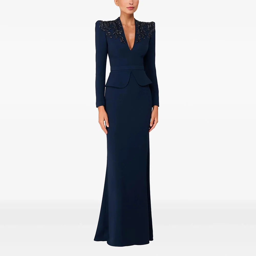 فستان سهرة فاخر على شكل حرف v وأكمام طويلة مطرز بالكريستال فساتين سهرة مستقيمة بطول الأرض فستان زفاف الضيوف حسب الطلب