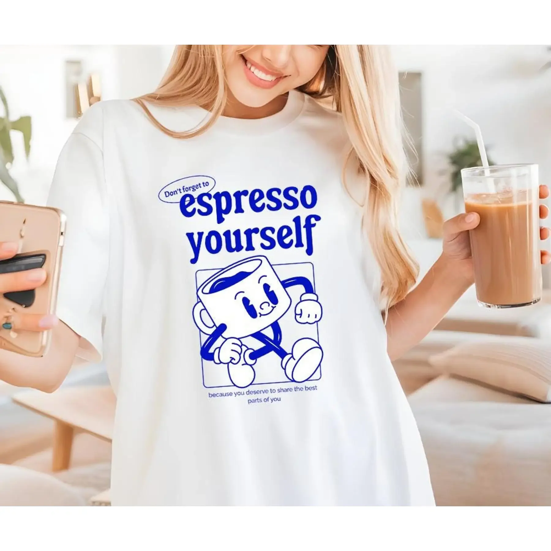 تي شيرت بألوان مريحة لا تنسى إلى إسبريسو نفسك لطيف ريترو القهوة مضحك الكافيين Preppy 50 سوبر لينة 673