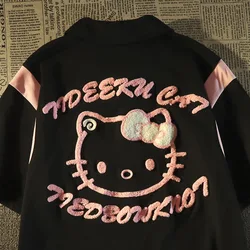 Sanrio Hello Kitty Polo Shirt Cartoon Embroidery Flocking Kitty Summer T shirts Women Oversized Tees Harajuku Streetwear Tops