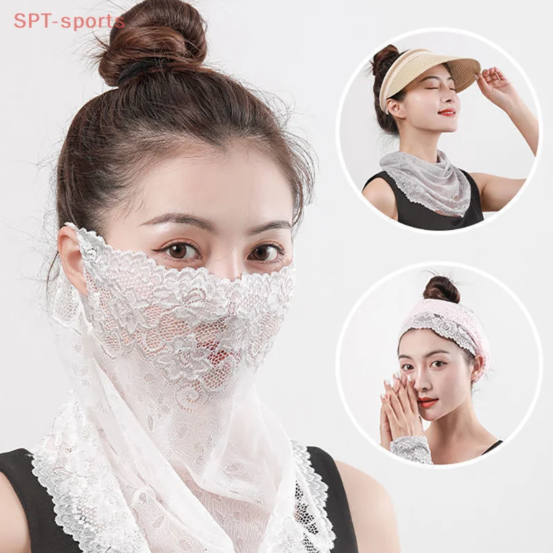 Máscara de encaje con protección solar de verano para hombre y mujer, máscara deportiva para Golf, protección UV, máscara para escote, diadema con orejas colgantes, bufanda