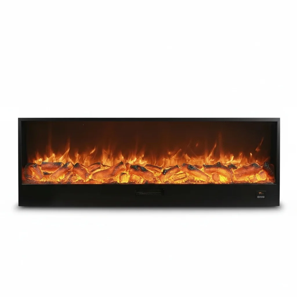 Built-in Electric Fireplace, 1500mm/59 inch Steel and Glass Recessed Ventless Fireplace, LED Flame Insert Heater, Indoor Fire