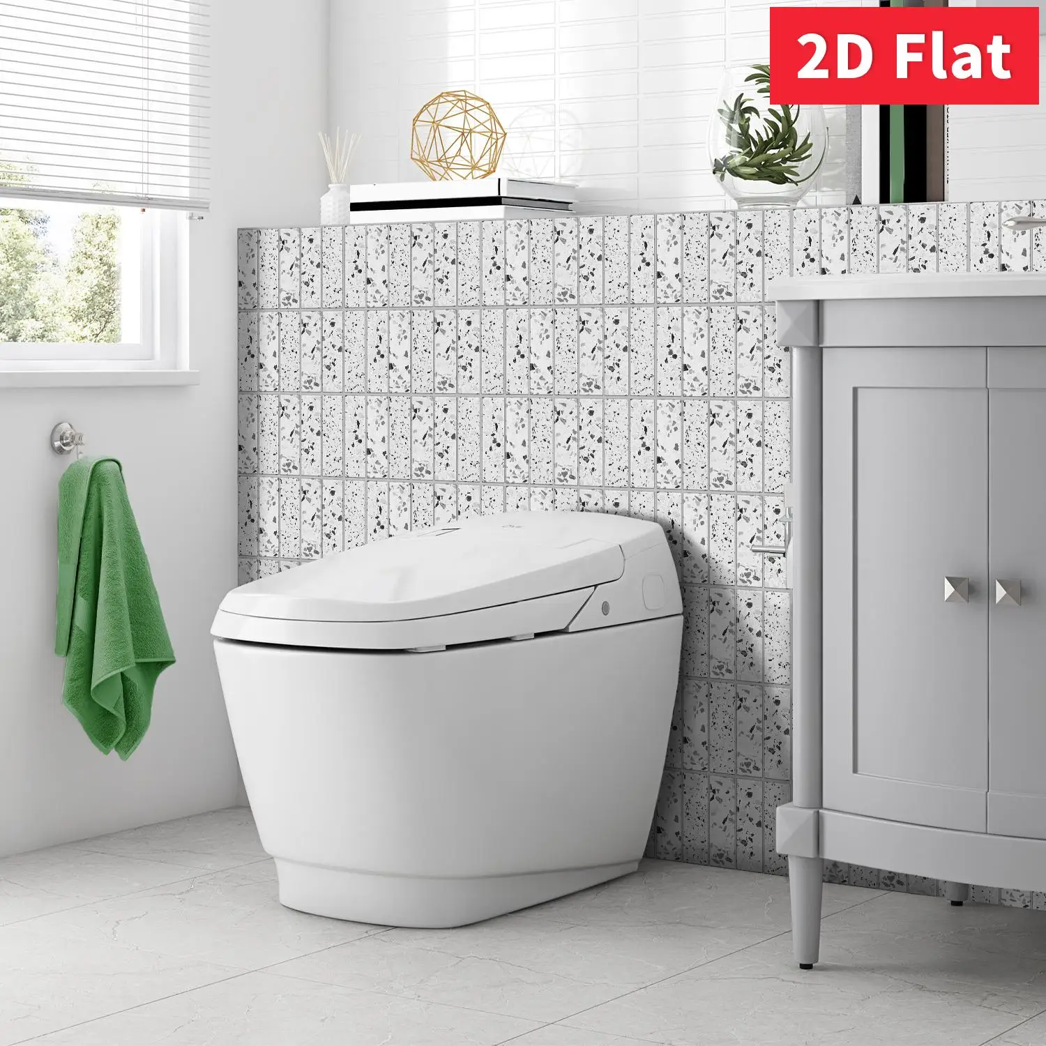 White Terrazzo Self‑Adhesive Wall Tile Stickers 11.81×5.91 inch 2D Flat for Kitchen Bathroom Wall Decor