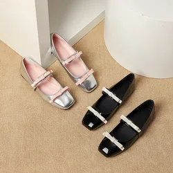 PU Leather Bow Tie Shoes Women Black Flats Mary Janes Shoes Ladies Elegant Square Toe Spring Autumn Silver Loafers New 2025