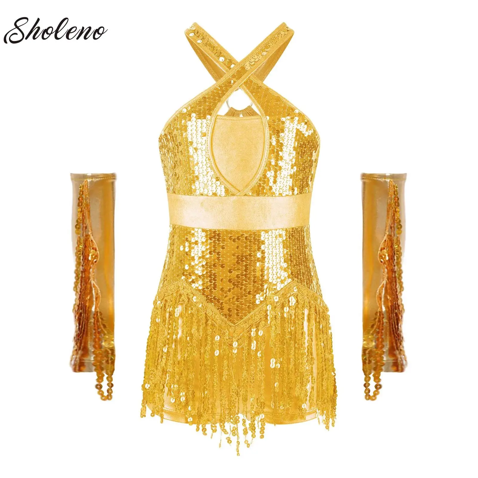 

Sequins Latin Dance Dress for Girls Kids Tassel Leotards Dress Professional Jazz Dancing Competition Chacha Rumba Tango Clothes