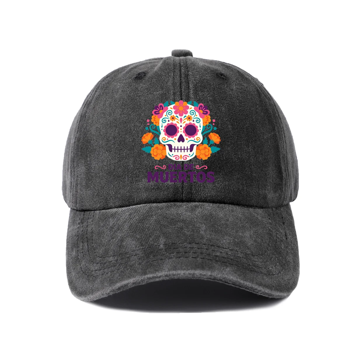 Sugar Skull Flowers Muertos Graphic Vintage Washed Baseball Cap, Adjustable Unisex Dad Hat, Weekend Gift