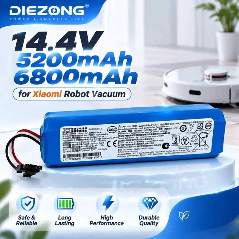 14.4V Li-ion Replacement Battery 5200mAh/6800mAh for Xiaomi Mi Robot Vacuum-Mop 2 Ultra Auto-Empty Robot Mop Accessories