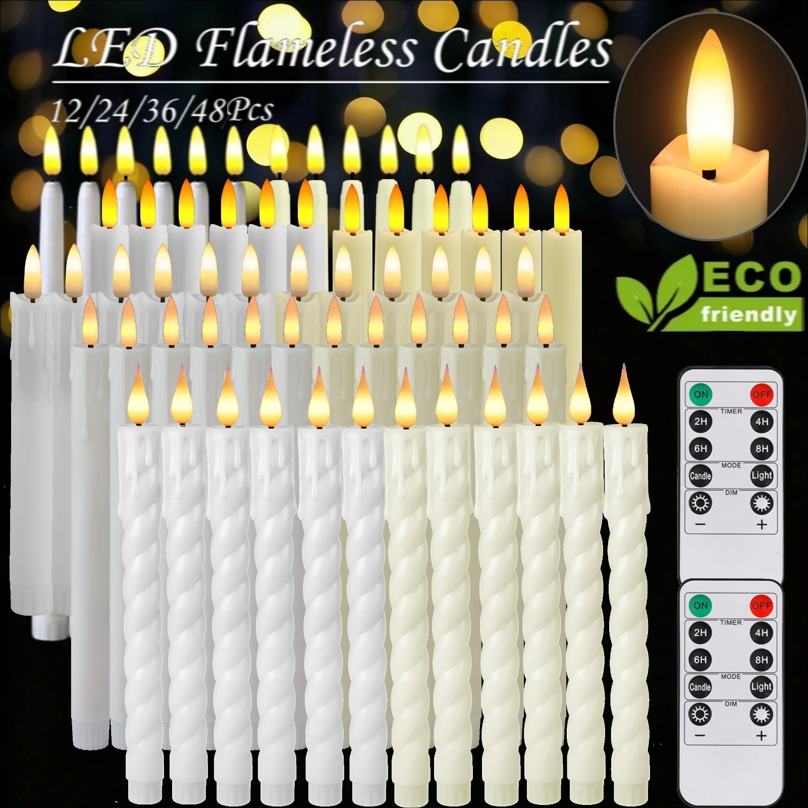 12-48PC Long Christmas LED Candle Flameless with Remote Battery Powered Church Flickering Warm White Light Home Table Decoration