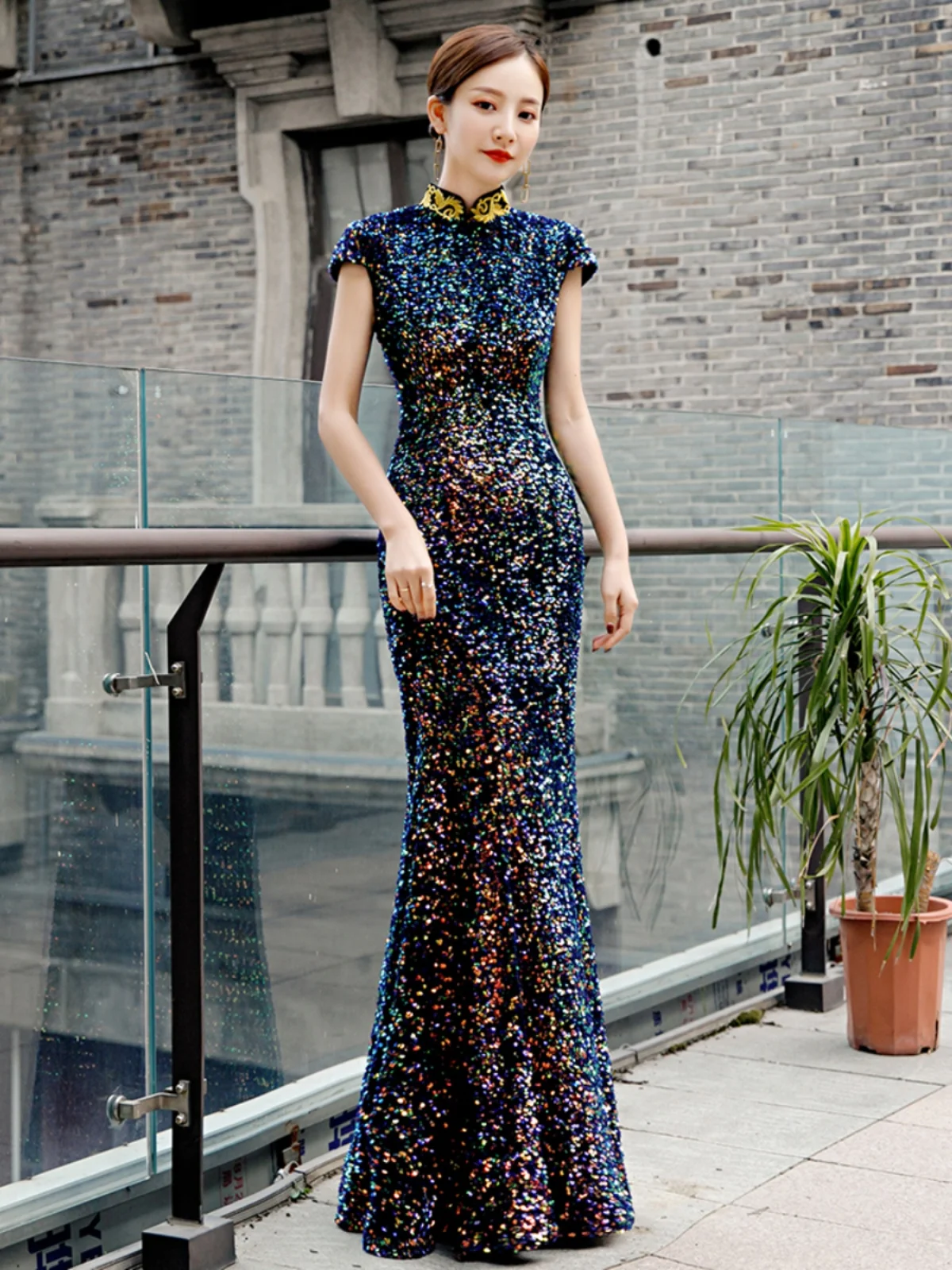 

Изысканное вечернее платье с пайетками и длинным шлейфом, с застежкой-молнией на талии, для выступлений, вечеринок и свадебных торжеств