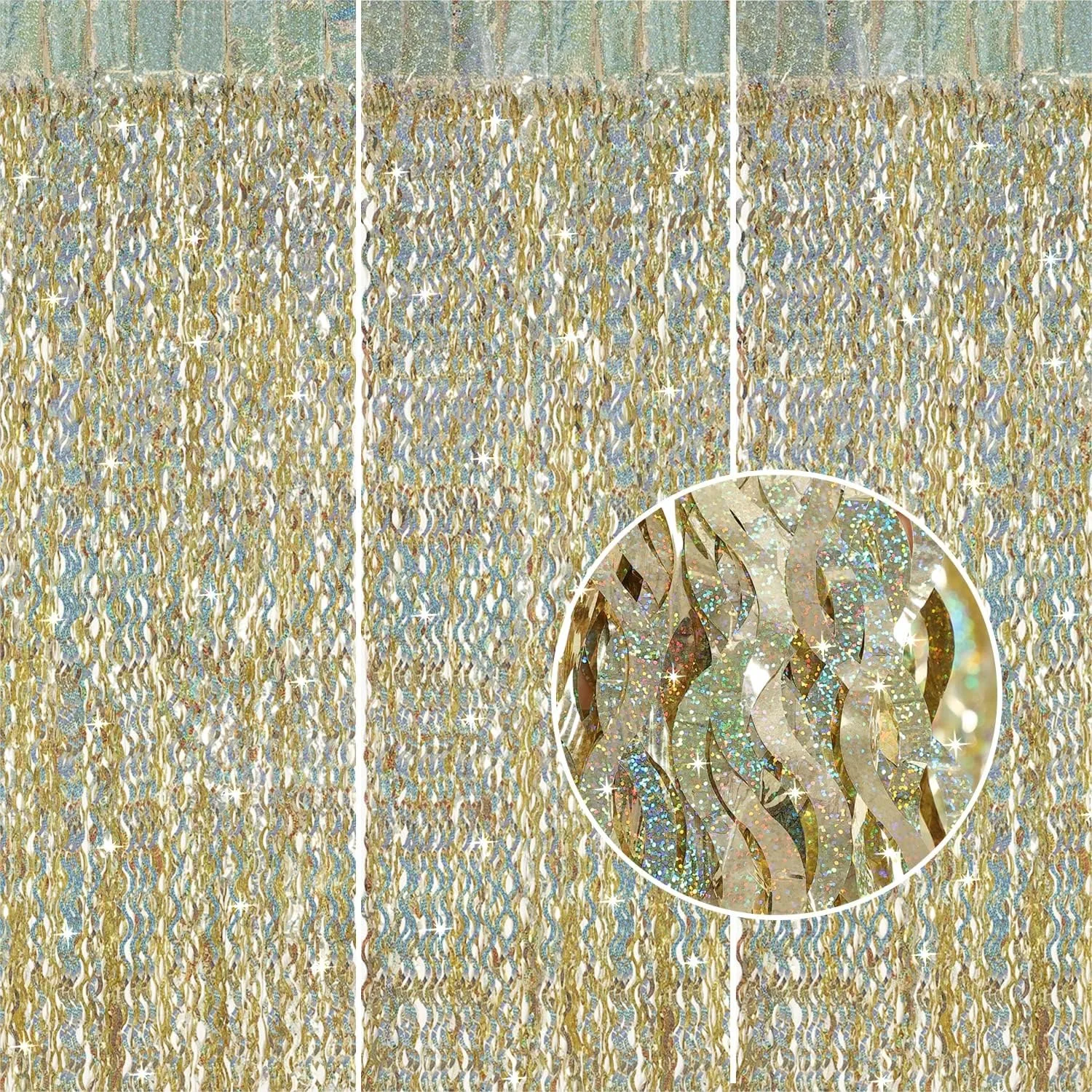 

Champagne Gold Foil Fringe Backdrop 3 Pack 3.3x6.6ft Tinsel Curtains for Birthday Party Decorations