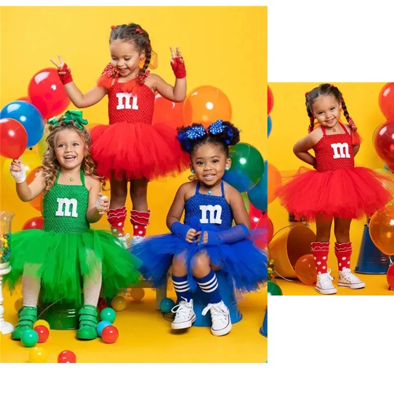 

♥2026 New Halloween Costume Cosplay Kids M-M&M Tulle Tutu Dresses Dancing Outfits Girls Cheerleader Clothing Schoolgirls Cos ★★★