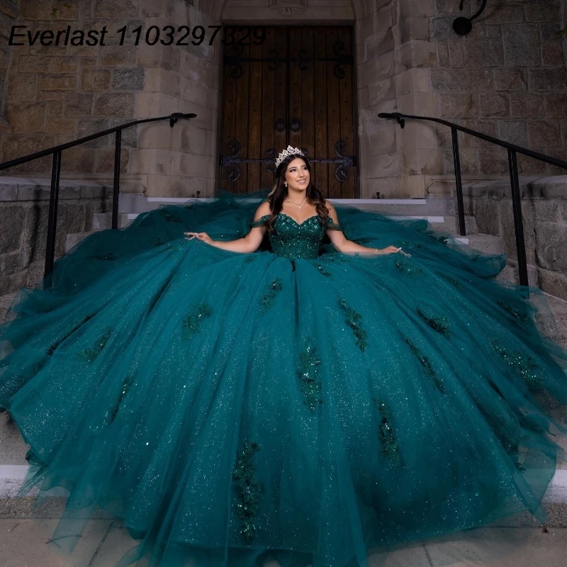 EVLAST черно-зеленое платье Quinceanera бальное платье Кружевная аппликация Блестки Бисероплетение мексиканское милое 16 Vestidos De 15 лет TQD884