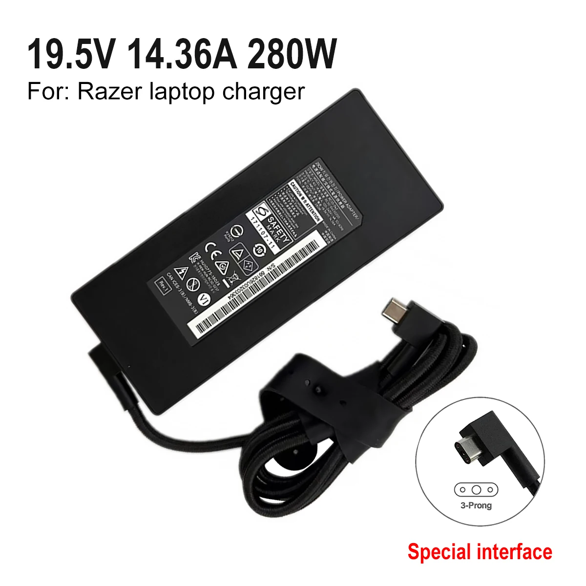 

19.5V 14.36A 280W RC30-042 GAN Power Adapter for Razer Blade 16,17,18 Laptop AC Power supply Charger RZ09-0423, RC30-04230200