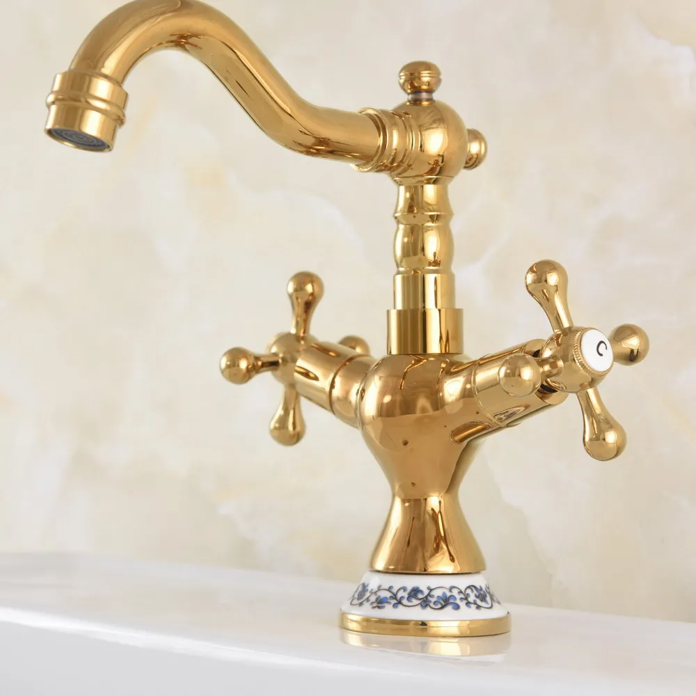 Gold Color Brass Swivel Spout Basin Faucet Bathroom Hot/Cold Water Deck Mounted Washbasin Faucet Dual Handle Mixers Taps tnf714