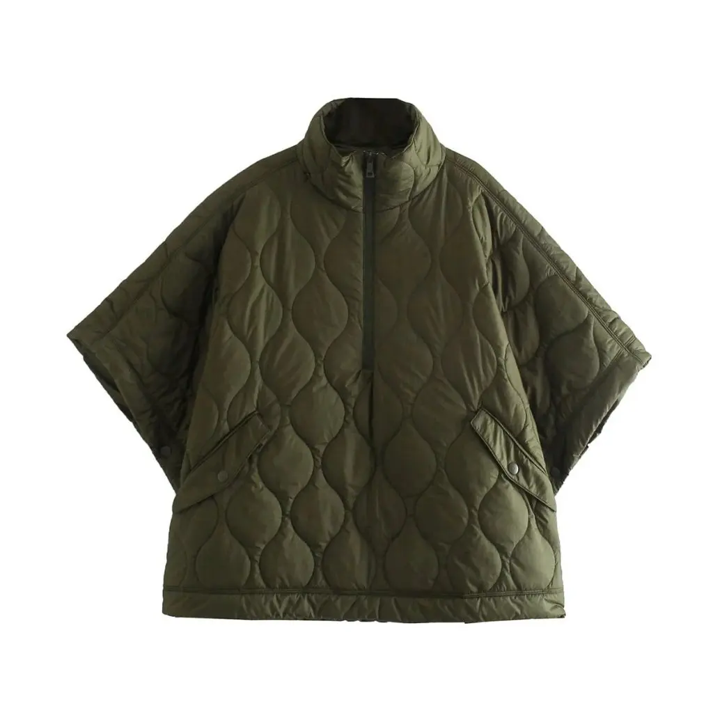 Women's Cotton-Padded Coat Short-Sleeved Diamond Plaid Half Zip Loose Pullover Pocket Design European American Style Autumn New