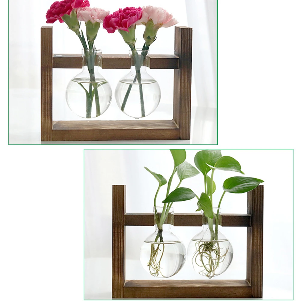 

Vase Hydroponics Container Glass Adornment Wooden Rack Planter Terrarium Home Decoration Gift Women