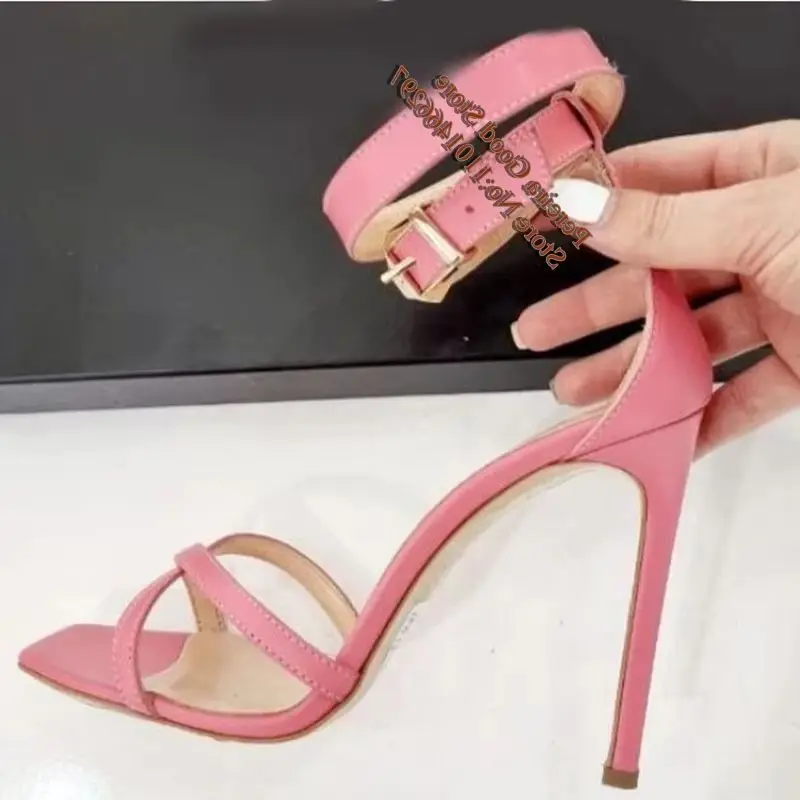 

New Arrivals Purple Leather Buckle Strap High Heel Sandals Open Toe Cutouts Stiletto Heel Summer Shoes Size 42