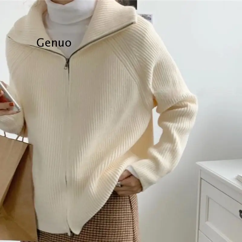 

2022 Winter Solid Thicken Turtleneck Causal Knitwear Coat Long Sleeve Zipper Sweater New Korean Knit Cardigan Outwear Tops
