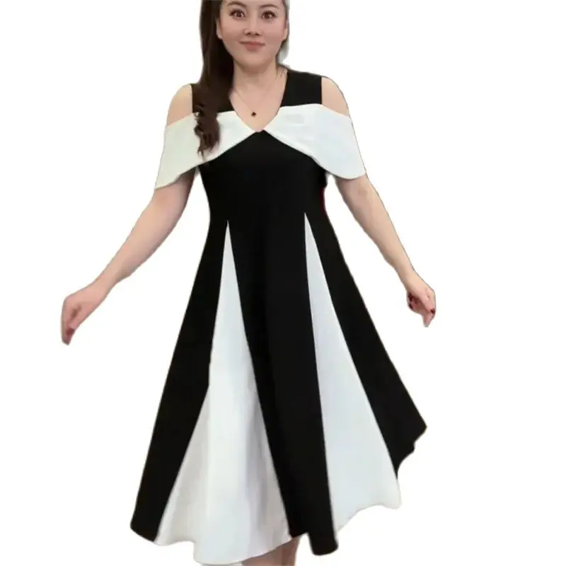 

Summer Sling Off Shoulder Dress Women 2024 New Fashion Loose Casual Assorted Colors A Word Skirt V-Neck The Waist Dresss Female