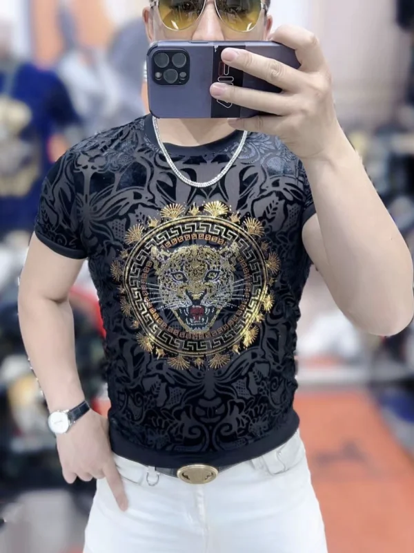 

New 2025 Men's round Ne Floed Heavy Du Leopard Head Faionable Slim Fit Elastic ort Sve T-irt Summer Season