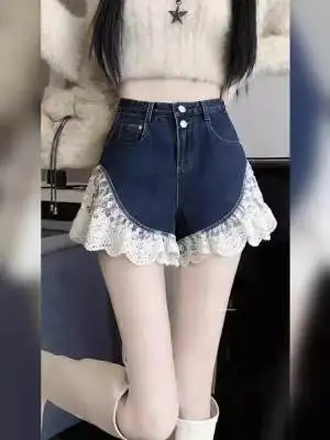 2026 Summer New Splicing Denim Stitched Lace High Waist Burr Denim Shorts Hot Pants Women Straight Denim Shorts