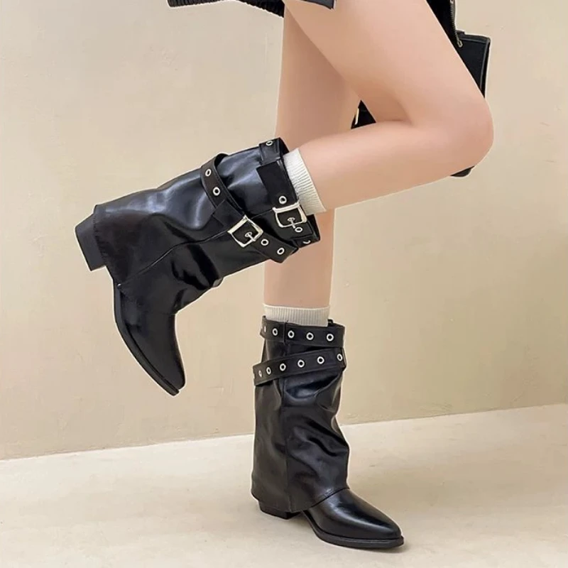Women Western Cowboy Mid Calf Boots, Vintage Pointed Toe Slouchy Stacked Boots, Low Block Heel Pull On For Winter Daily Party