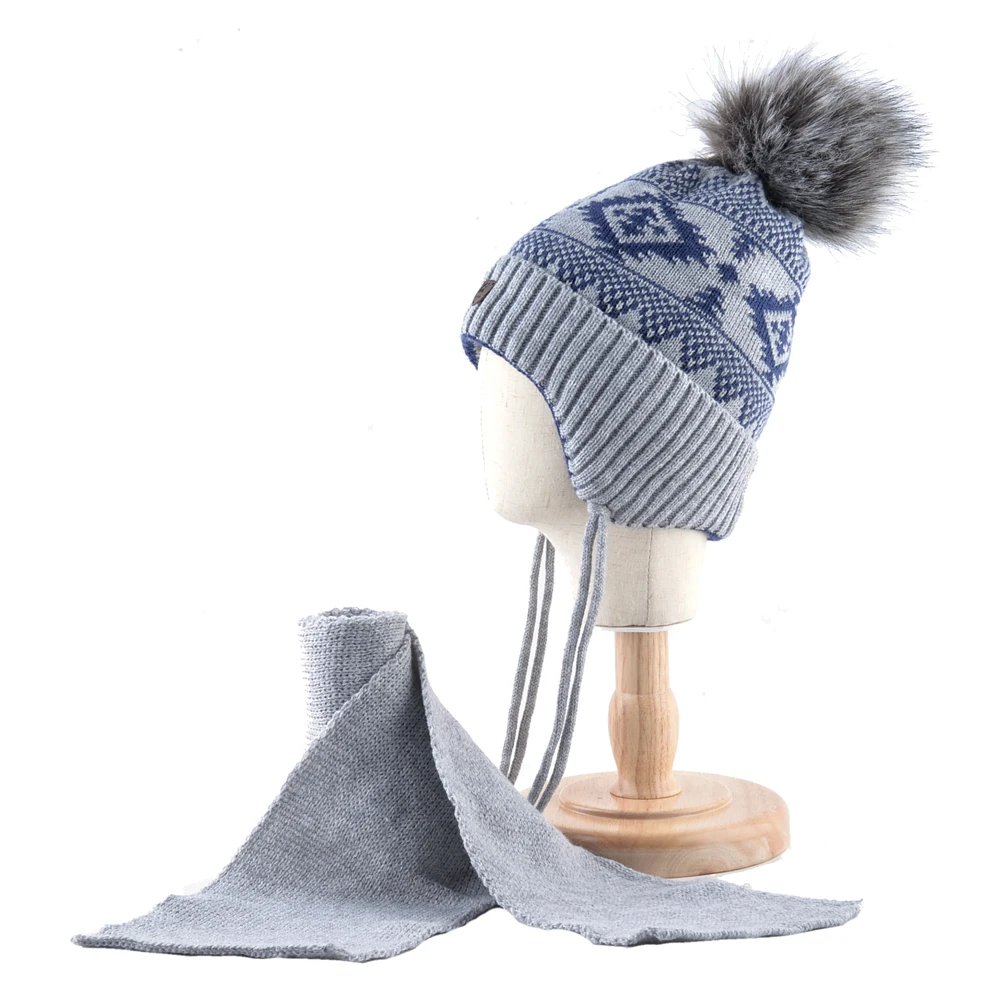 

Winter Boys' Knitted Argyle Earflap Hat & Scarf Set Kids Thick Warm Beanie With Faux Fur Pompom Children Fashion Bonnet Outdoor