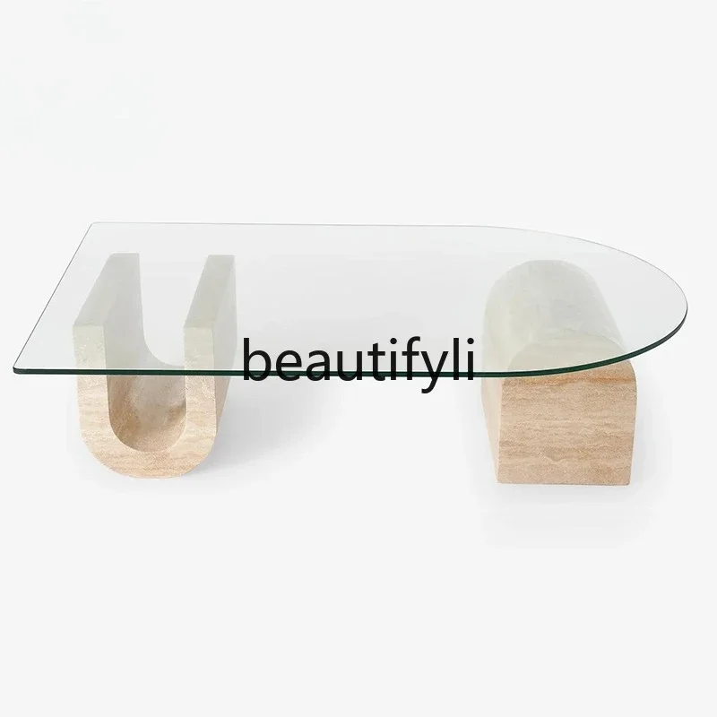 

A57 Italian minimalist tempered glass coffee table living room light luxury modern creative travertine coffee table
