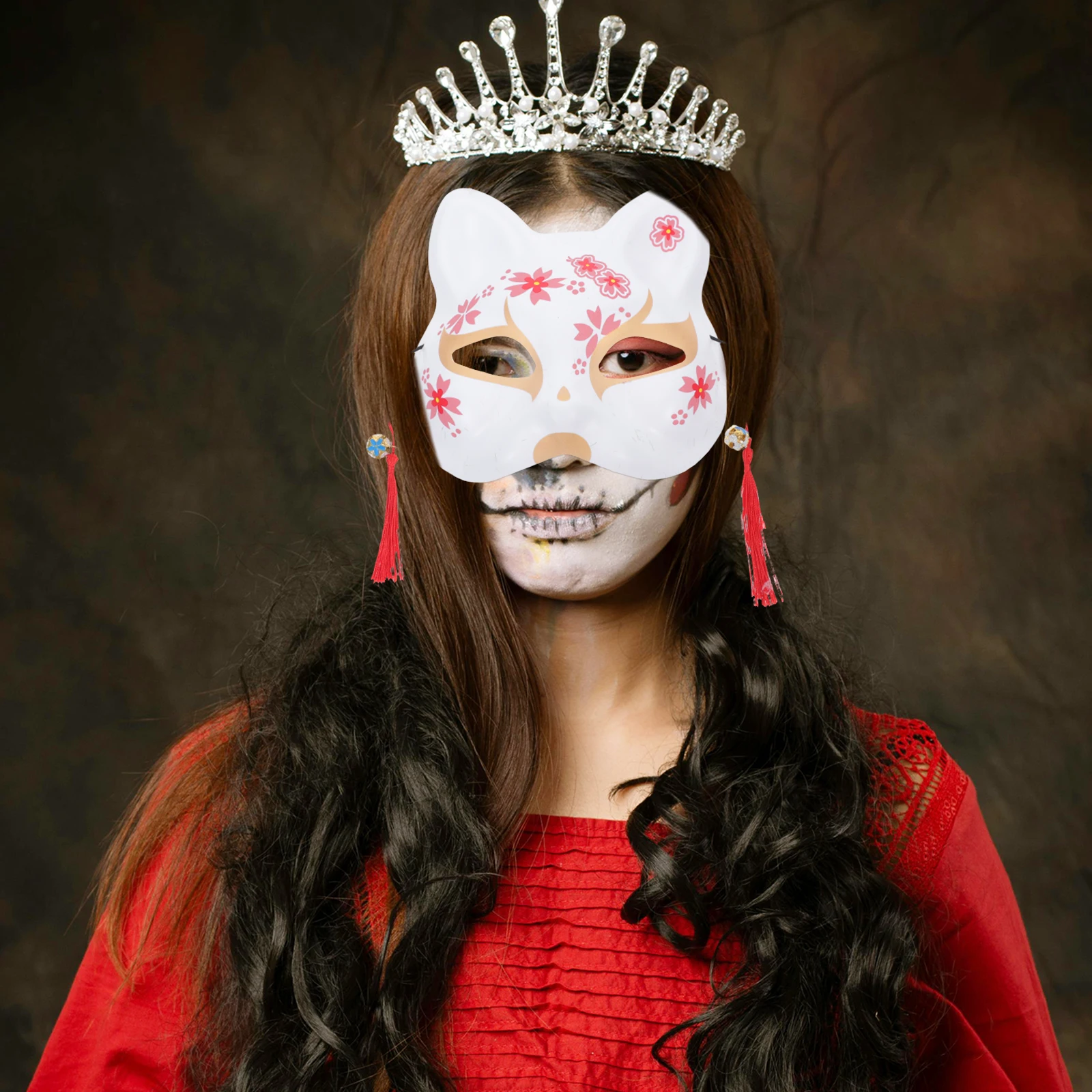 

2pcs Cherry Blossoms Cat Masquerade Mask Japanese Style Face Piece For Halloween Cosplay Party Accessories Dress Up Headwear