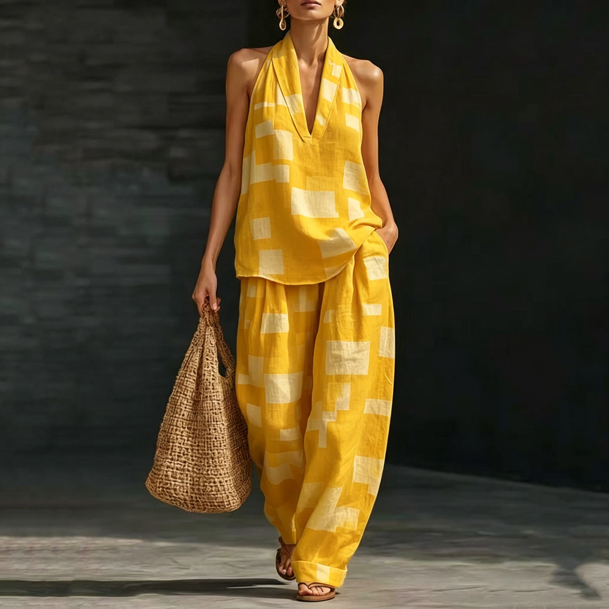 

Women's Two-piece Set Summer Geometric Print Wide-leg Pants Sleeveless V-Neck Halter Top Two-piece Set For Women Clothing