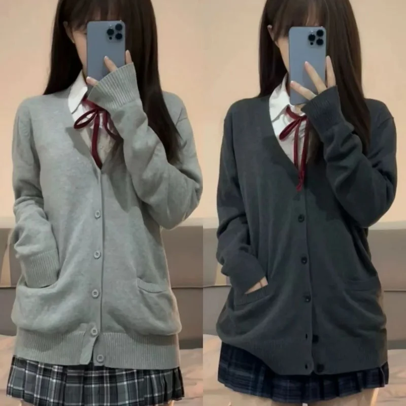 Cardigã japonês de bolso com decote em v, suéter solto, malha fina de manga comprida, uniforme JK monocromático, cardigã universitário, outono e inverno