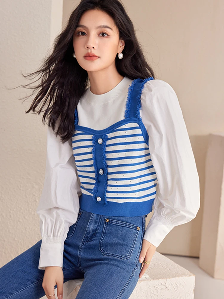 Fake Two Piece Patchwork Knitted Tops Korean Style Long Sleeve Round Neck Top Women Loose Casual Versatile Striped Shirt