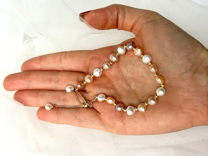 Hengsheng 5-6mm Baroque 100% Natural Freshwater Pearl Bracelet White Pink Purple Mix Adjustable Pearl Bracelet Jewelry Gift