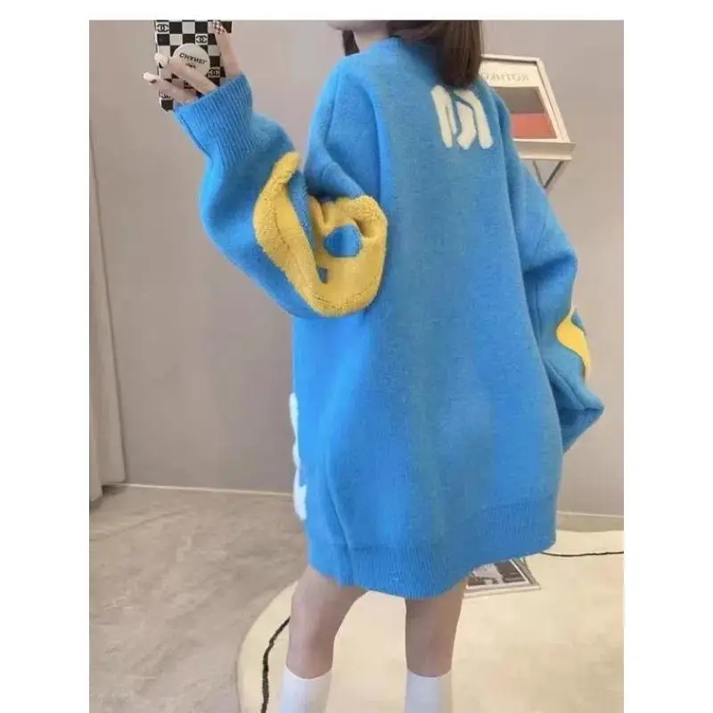 Korean Loose Lazy Wind Sweet Pink Pullover Sweater Women\'s Spring and Autumn New Color Blocking Letter Medium Length Sweater