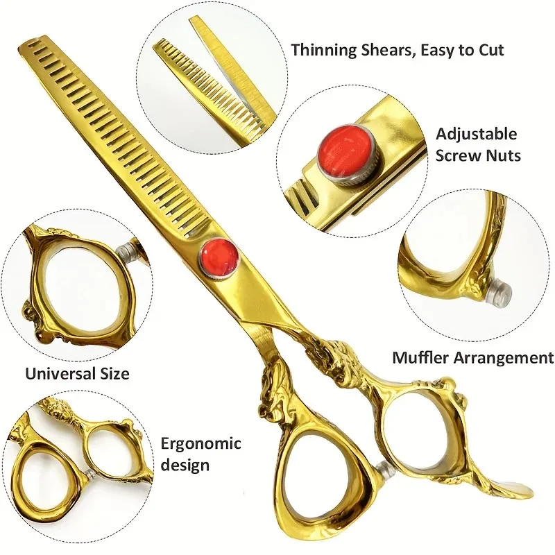 6 Inch Professional Barber Scissors Kit With Golden Dragon Handle Hairdressing Scissors Titanium Plated Thinning Scissors