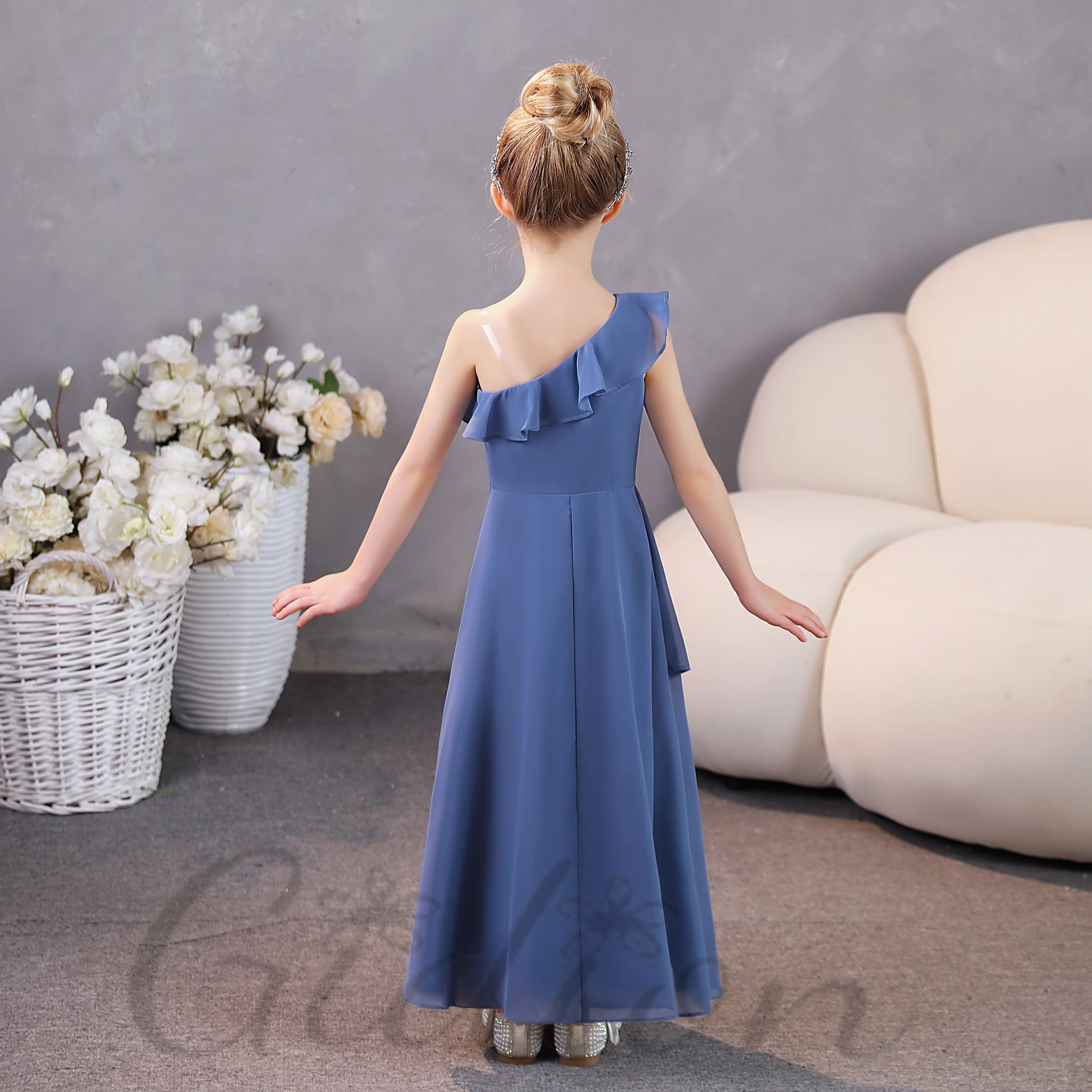 One-Shoulder Chiffon Junior Bruidsmeisje Jurk Voor Kinderen Bruiloft Prom Night Banketverkiezing Show Bal Avond-Jurk Elk Evenement Feest