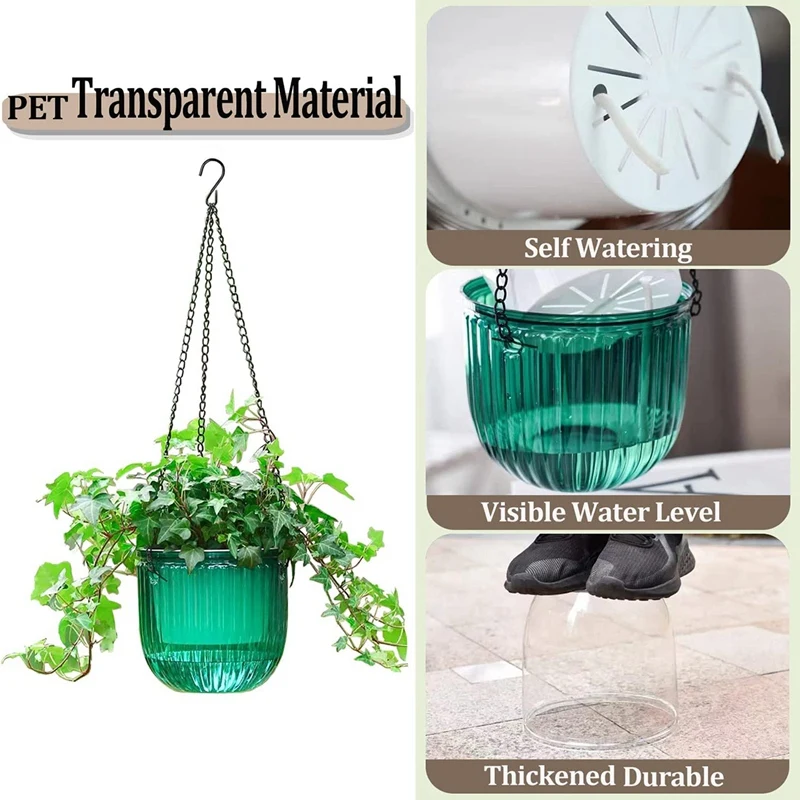 2 Pack Self Watering Planters Hanging Flower Pots 6.5 Inch Outdoor Hanging Plant Pot Basket (Emerald)